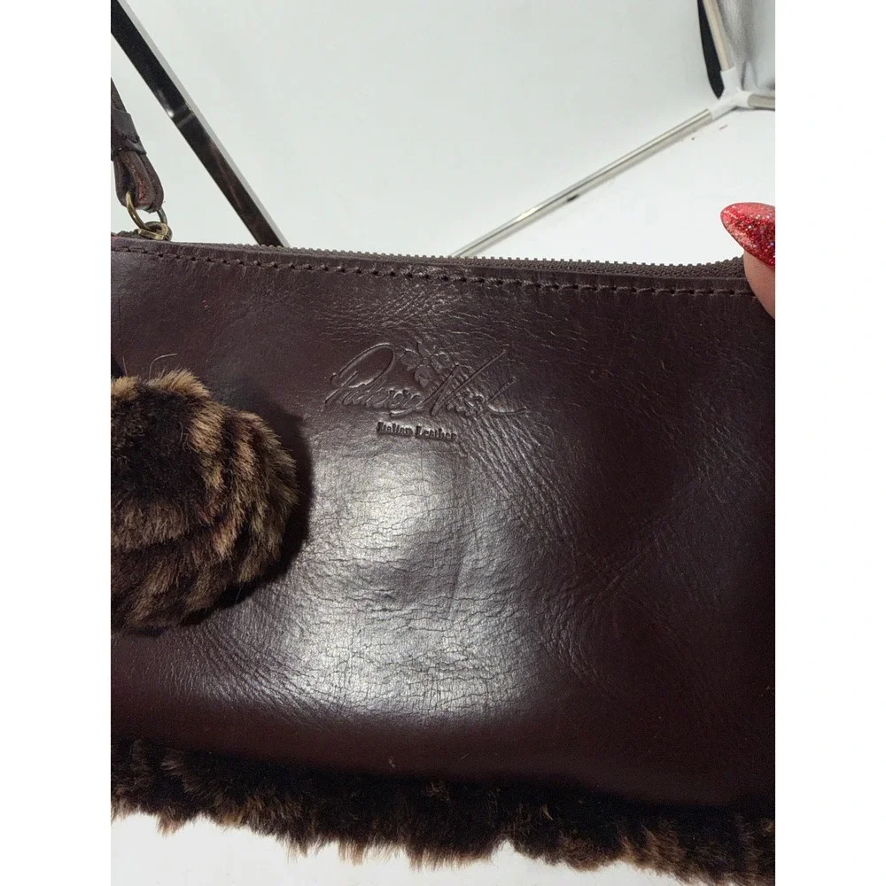 Patricia Nash Brown Italian Leather Faux Fur Trim Wristlet Pouch Pom Pom Charm